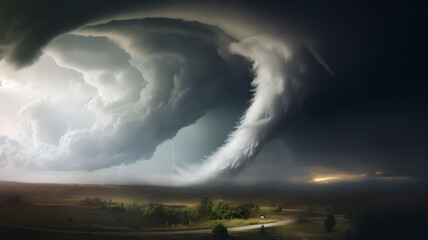 Wall Mural - tornado picture with lightning and dramatic lighting, bad weather, natural catastrophy, rain, storm 