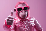 Pink Pop Monkey with Sunglasses and shiny jacket making thumb up