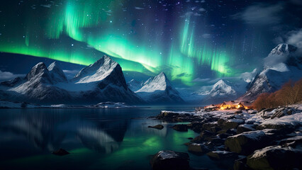 Poster - Beautiful northern lights over the islands. Generation AI