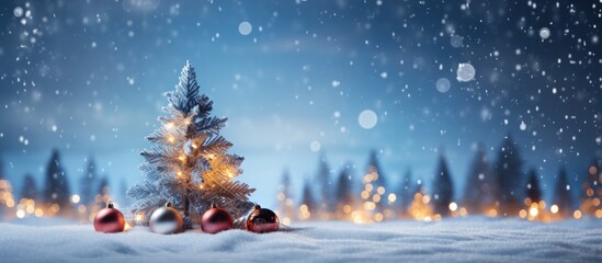 Poster - Christmas tree in snowy outdoor setting with lights