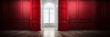 Schöne große Türe in rot mit weißen Fenster im Querformat als Banner, ai generativ