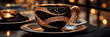 Bunte Kaffeetasse in orientalischen Design mit dunklen Hintergrund gelb als Poster in Querformat für Banner, ai generativ