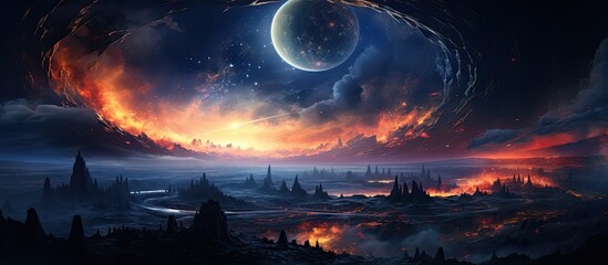 Wall Mural - Digital painting of a surreal colorful eclipse in space within a fantasy landscape