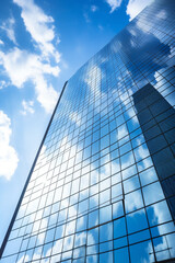 Wall Mural - Reflective skyscrapers, business office buildings. Low angle photography of glass curtain wall details of high-rise buildings.The window glass reflects the blue sky and white clouds. High quality