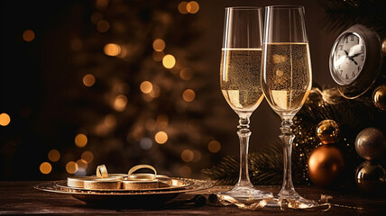 glasses of champagne and new year 's decorations on wooden table