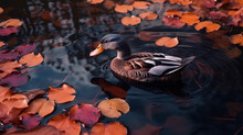 Mallard Duck On A Water In Dark Pond With Floating Autumn Or Fall Leaves. Ai Generative