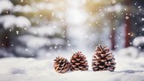 Fototapeta  - Blurred Christmas background with pine cone decorations and copy space. A beautiful background of blurry pine cones with lovely lighting