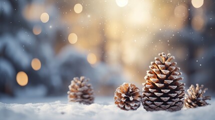  Blurred Christmas background with pine cone decorations and copy space. A beautiful background of blurry pine cones with lovely lighting