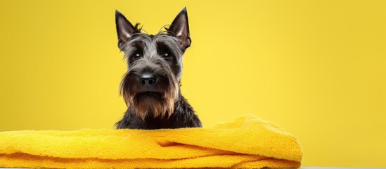 Wall Mural - Yellow towel on white background with a sitting Scotch terrier