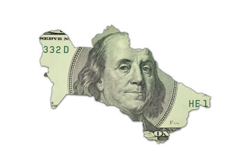 map of turkmenistan on a american dollar money texture on the white background. finance concept.
