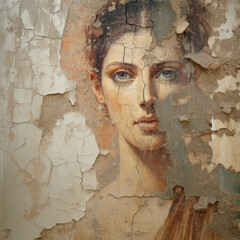 Wall Mural - Young woman portrait on old wall, fresco in style of Ancient Roman ar