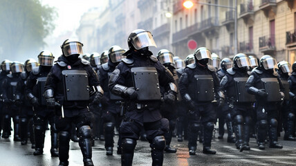 Sticker - police officers in protective helmets and with shields on the street