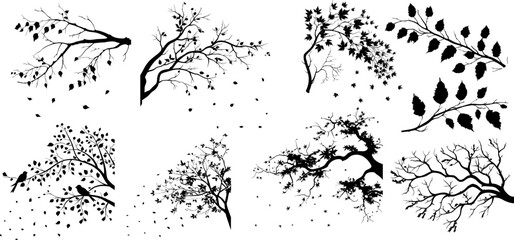 Set of bare branches trees. Silhouettes of autumn different branches trees. Vector illustration AI generated illustration