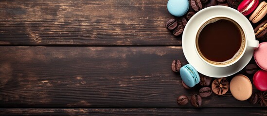 Canvas Print - Top view of a vintage table with coffee cup beans chocolate and macaroons for text