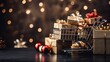 Christmas gifts: Cart with Christmas gifts on black marble table with blurred lights background, gift boxes, golden balls, pine cones, dry pine branches.