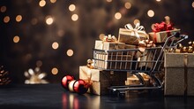Christmas Gifts: Cart With Christmas Gifts On Black Marble Table With Blurred Lights Background, Gift Boxes, Golden Balls, Pine Cones, Dry Pine Branches.