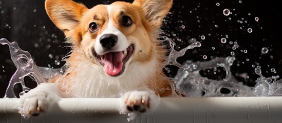 Sticker - Humorous artwork depicting a Welsh Corgi enjoying a bubbly bath in a grooming salon