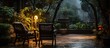 Rattan chair in a rainy courtyard evening