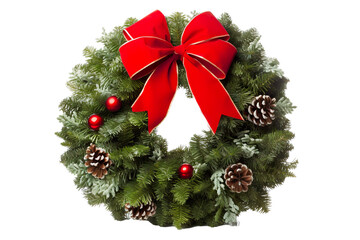 Wall Mural - Christmas wreath with a red bow with white background for easy cutout PNG