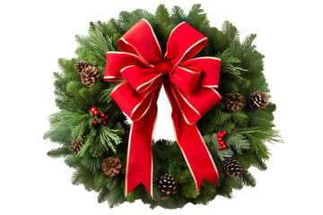 Wall Mural - Christmas wreath with a red bow with white background for easy cutout PNG