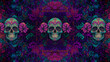 4K skulls on trippy repeatable seamless colorful Aztecs pattern