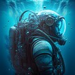 scifi diver with exteranl large rebreather on his back that connects to his advance underewater visor deep in the ocean mutiple divers wearing the same device highly detailed ocean diver with super 