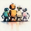 four disney style robots embraced shot from behind in a white background freehand style 