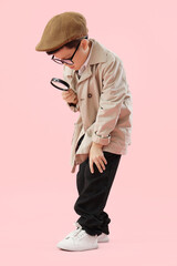 Sticker - Cute little detective with magnifier on pink background