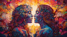 A Psychedelic Illustration Of Two Women Kissing