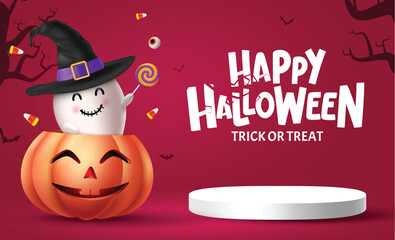 Wall Mural - Happy halloween text vector design. Halloween trick or treat podium stage with pumpkin basket and ghost characters for horror party decoration elements. Vector illustration greeting card design.

