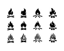 Campfire Hand Drawn Vector Illustration, Retro Style Logo. Crossed Logs And Cartoon Fire Flame.