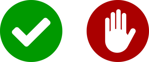 Poster - yes no or ok stop green and red round circle badge icon set with tick checkmark and hand adblocker s