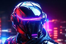 Futuristics Robot Cyborg With Neon Cyberpunk Light Helmet. Blue Pink And Purple Colorful Tone.