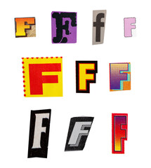 Ransom letter font F from printout magazine cutout, collage element for graphic design, png isolated on transparent background