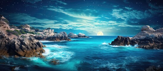 Wall Mural - starry night sky with milky way over mountains sea colorful landscape moonlight water