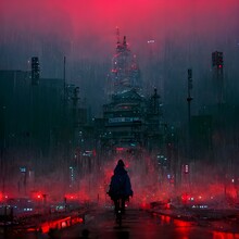 Cyber Ronin Roaming The City Of Tokyo Night Time Raining Vibrant Colors Highly Detailed Bloodborne Artstation Octane Rendered Gothic Horror Dark Fantasy Wide View Large Scale Environment 