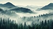Misty Mountain Landscape. Fir Trees Foregrounding A Fog-shrouded Forest