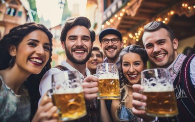 A group of people in traditional Bavarian clothing, holding full glasses of beer and pretzels. Generative AI