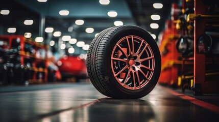 Wall Mural - An experienced hard worker is holding a tire and he wants to change it in a tire shop. focus on tires