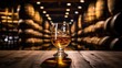 Glass of refined whisky in a distillery cellar
