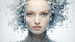 Composited illustration of a digital woman. Surreal fantasy. Symbolic of generative AI. Futuristic. Pixelated. Binary code.