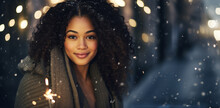 Girl, Black, Mixed Race, Smiling, Camera, Snowman, Background, Snowing, Winter, Season, Child, Happy, Outdoor, Cold, Weather, Joyful, Cheerful, Young, People, Holiday, Cute, Portrait, Pretty, Snowflak