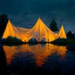 a tent city made with transluscent fabric in the style of Frei Otto illuminated from within with a reflecting pond in front hyper realistic great detail 