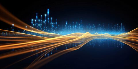Poster - Abstract background with gold and blue glowing neon moving high speed line and wave and bokeh lights horizontal to vertical. Data transfer concept, reflect on the floor.
