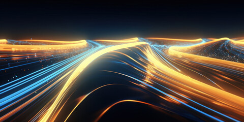 Poster - Abstract background with gold and blue glowing neon moving high speed line and wave and bokeh lights horizontal to vertical. Data transfer concept, reflect on the floor.