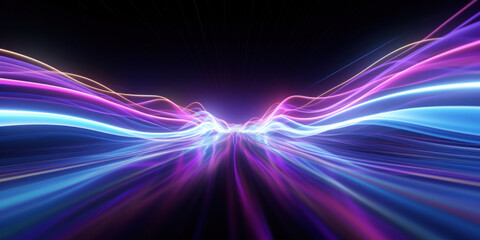 Poster - Abstract background with purple and blue glowing neon moving high speed line and wave and bokeh lights horizontal to vertical. Data transfer concept, reflect on the floor.