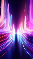 Poster - Abstract background with purple and blue glowing neon moving high speed line and wave and bokeh lights horizontal to vertical. Data transfer concept, reflect on the floor.