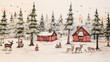 色鉛筆で描いた雪の森の中の小屋とトナカイのイラスト