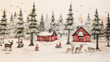 Fototapeta  - 色鉛筆で描いた雪の森の中の小屋とトナカイのイラスト