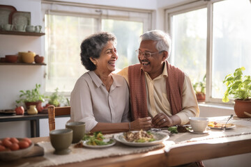 Indian senior couple cooking and having dinner together in kitchen house background.